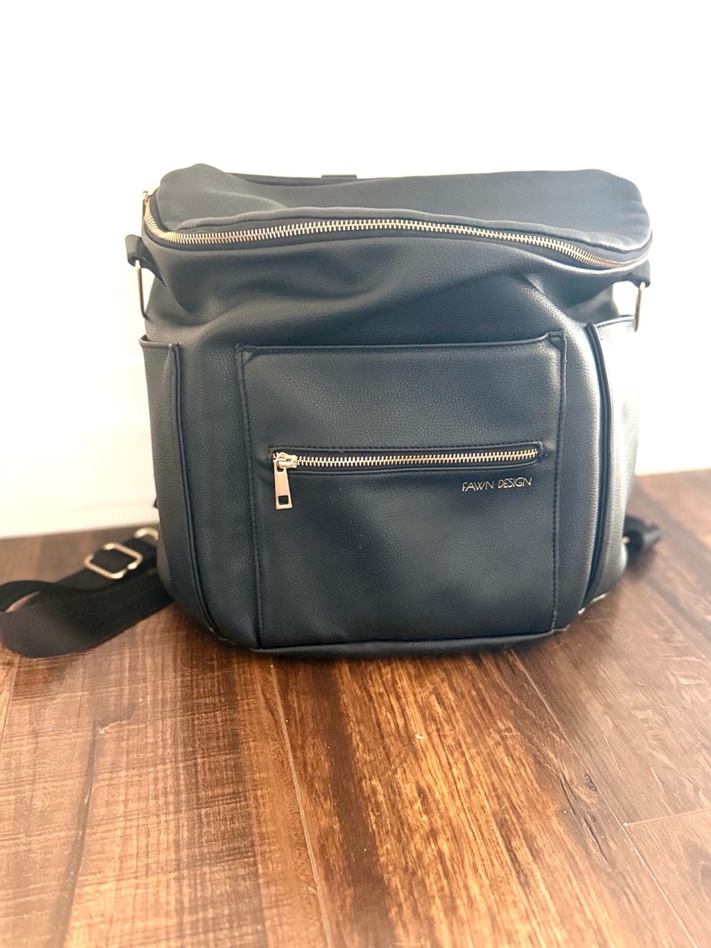 Fawn Design Black Leather backpack/ shoulder strap diaper bag with Gold Zipper
